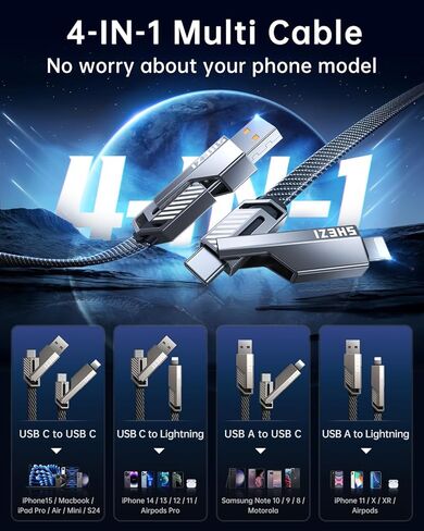4-in-1 Long USB C Cable 60W 10FT Compatible with Lightning Cable in Kuwait