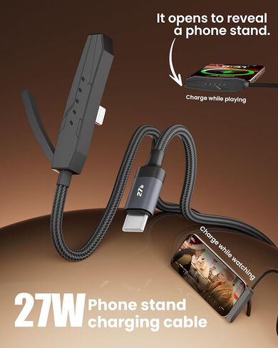 USB-C to Lightning Cable with Built-in Phone Stand - 2-in-1 Invisible Holder iPhone Charger Cord, MFi Certified 27W PD Fast Charging 90 Degree Sideways iPhone Charger for iPhone 14-5, iPad, Gaming in Kuwait