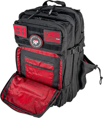 5% Nutrition Rich Piana Tactical Backpack for Work, Travel or Gym Bag with Drink Holders, Interior Organization, Molle Panel, and Velcro Morale Patches 45L Storage Capacity (Black/Red) in Kuwait