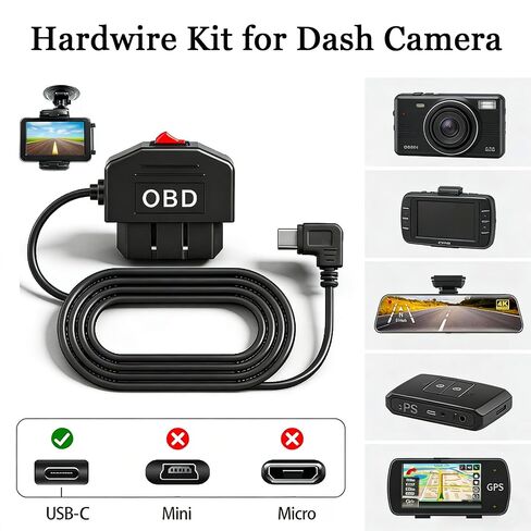 OBD2 to USB C Dash Cam Cable, 24/7 Parking Surveillance Mode with Dual Mode Switch, 3.5m Durable Power Adapter Cord for GPS, Radar Detector Hardwire Kit, Daily Commute, Ride-Hailing & Road Trips in Kuwait