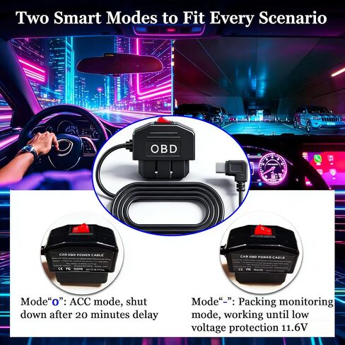 OBD2 to USB C Dash Cam Cable, 24/7 Parking Surveillance Mode with Dual Mode Switch, 3.5m Durable Power Adapter Cord for GPS, Radar Detector Hardwire Kit, Daily Commute, Ride-Hailing & Road Trips in Kuwait