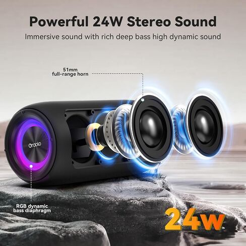 Oraolo Portable Bluetooth Speakers, Wireless Speaker with 24W Loud Stereo Sound, RGB Lights, Bluetooth 5.4, Support AUX/TF Card, TWS Pairing, Built-in Mic, Outdoor Speaker for Party, Beach, Camping in Kuwait