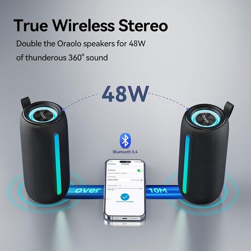Oraolo Portable Bluetooth Speakers, Wireless Speaker with 24W Loud Stereo Sound, RGB Lights, Bluetooth 5.4, Support AUX/TF Card, TWS Pairing, Built-in Mic, Outdoor Speaker for Party, Beach, Camping in Kuwait