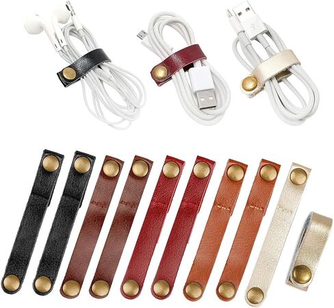 10-Pack(5-Color Mix Leather Cable Organizer with Snap Button– Multi-Color Cord Wraps for Charger, Headphones– Durable Wire Management Clips for Travel & Desk US (1.2cm/0.5" x9cm/3.5") in Kuwait