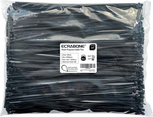 Zip Ties 14 inch 1000 Pack, Black Cable Zip Ties 50 lbs Tensile Strength Nylon Self-Locking Wire Ties Wraps for Outdoor and Indoor Use by ECRABONE in Kuwait