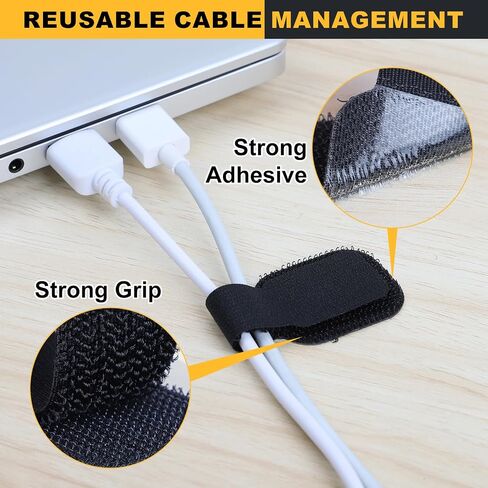 SummerBrite 40-Pack Self Adhesive Cable Straps, Heavy Duty Hook & Loop Ties with Strong Sticky Backing, Reusable Under Desk Cable Management Wire Organizers for Home Office PC, Black in Kuwait