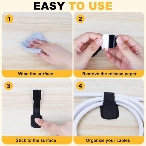 SummerBrite 40-Pack Self Adhesive Cable Straps, Heavy Duty Hook & Loop Ties with Strong Sticky Backing, Reusable Under Desk Cable Management Wire Organizers for Home Office PC, Black in Kuwait