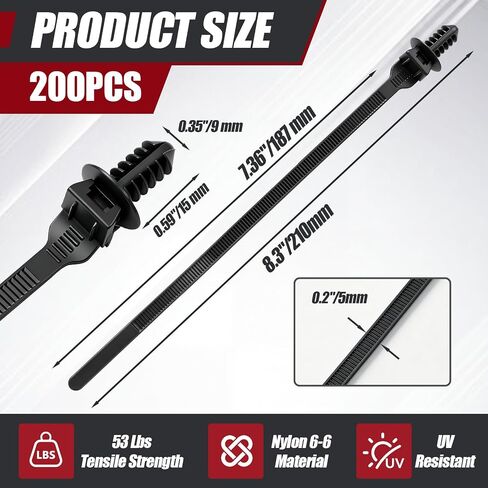 200 Pcs Fir Tree Push Mount Zip Ties 8 Inch Heavy Duty Wire Ties 2 in 1 Self Locking UV Resistant Assortment Nylon Black Cable Tie for Indoor Outdoor in Kuwait
