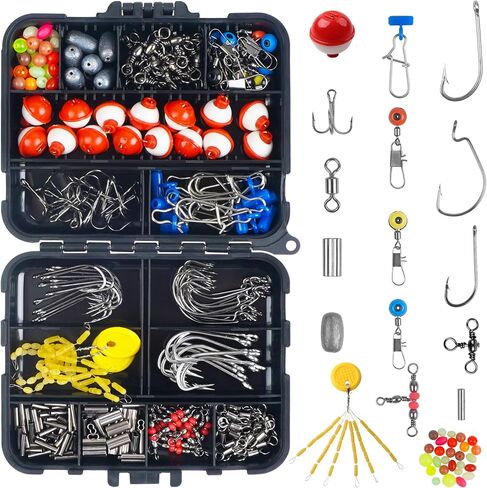 Fishing Tackle Kit,286pcs Fishing Hook Bobber Box Kit with Fishing Bobbers,Various Fish Hooks,Weights,Swivel Snaps,Brass Sleeves,Sinker Slides Starter Kit for Artificial and Live Baits Trout Panfish in Kuwait