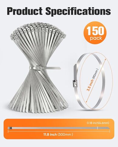 Heavy-Duty Stainless Steel Zip Ties, 150 Pieces 11.8in, 200lbs High Tensile Strength, Weather & UV Resistant Self-Locking Cable Ties for Fence, Exhaust Pipe, Industrial, Outdoor and Home Use in Kuwait