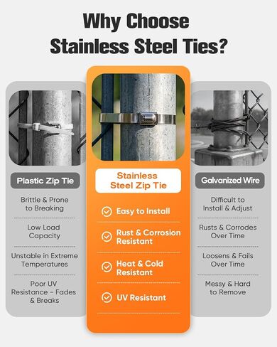Heavy-Duty Stainless Steel Zip Ties, 150 Pieces 11.8in, 200lbs High Tensile Strength, Weather & UV Resistant Self-Locking Cable Ties for Fence, Exhaust Pipe, Industrial, Outdoor and Home Use in Kuwait