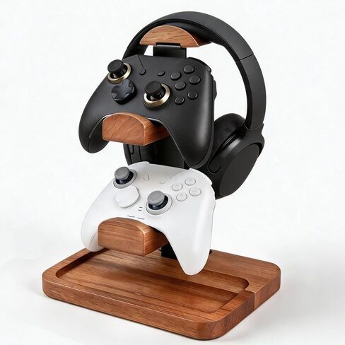 Solid Wood Headphone Stand with Controller Holder, Space-Saving Dual Hanger & Gamepad Organizer for Desktop, Gaming Desk Accessories with Stable Base Storage in Saudi Arabia