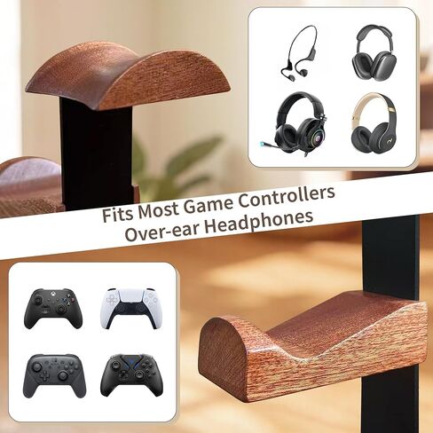 Solid Wood Headphone Stand with Controller Holder, Space-Saving Dual Hanger & Gamepad Organizer for Desktop, Gaming Desk Accessories with Stable Base Storage in Saudi Arabia
