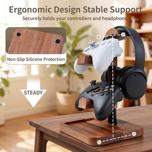 Solid Wood Headphone Stand with Controller Holder, Space-Saving Dual Hanger & Gamepad Organizer for Desktop, Gaming Desk Accessories with Stable Base Storage in Saudi Arabia