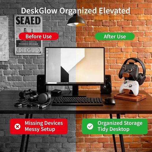 Solid Wood Headphone Stand with Controller Holder, Space-Saving Dual Hanger & Gamepad Organizer for Desktop, Gaming Desk Accessories with Stable Base Storage in Saudi Arabia
