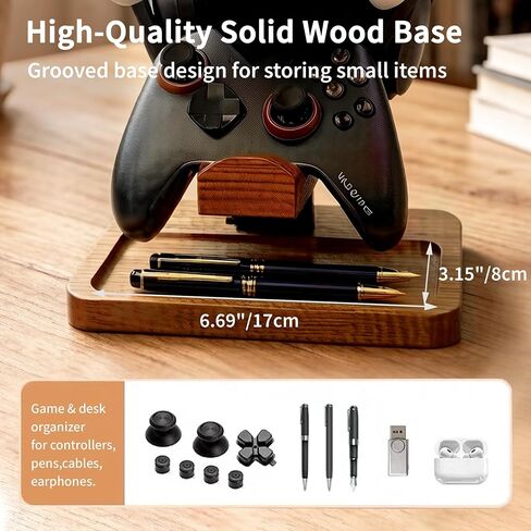 Solid Wood Headphone Stand with Controller Holder, Space-Saving Dual Hanger & Gamepad Organizer for Desktop, Gaming Desk Accessories with Stable Base Storage in Saudi Arabia