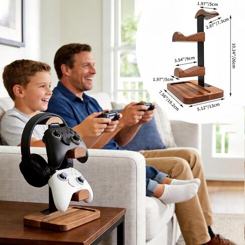 Solid Wood Headphone Stand with Controller Holder, Space-Saving Dual Hanger & Gamepad Organizer for Desktop, Gaming Desk Accessories with Stable Base Storage in Saudi Arabia