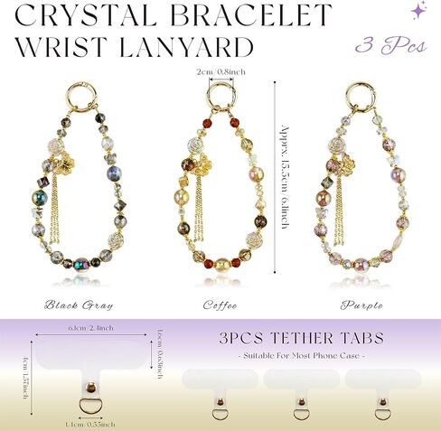3Pcs Crystal Bracelet Wrist Lanyard, Beaded Phone Charms Strap With Butterfly Phone Case Accessories for Purse Bag Wallet Camera in Kuwait