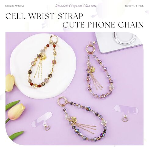 3Pcs Crystal Bracelet Wrist Lanyard, Beaded Phone Charms Strap With Butterfly Phone Case Accessories for Purse Bag Wallet Camera in Kuwait