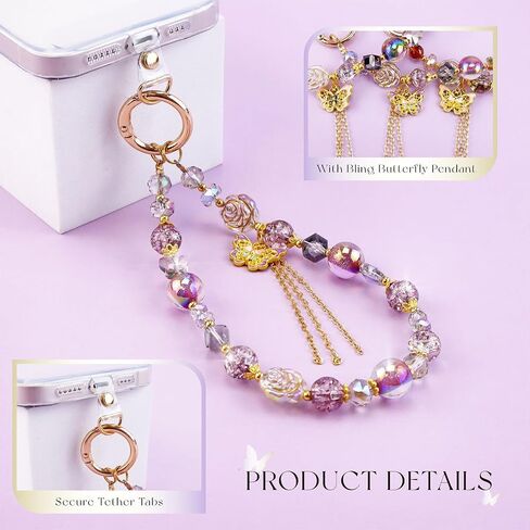 3Pcs Crystal Bracelet Wrist Lanyard, Beaded Phone Charms Strap With Butterfly Phone Case Accessories for Purse Bag Wallet Camera in Kuwait