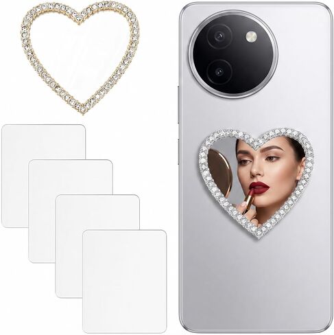 Amabro 6Pcs Mirror Decal for Phone Case, Rectangle and Heart Shaped Rhinestone Stickers with Protective Film, Self-Adhesive Makeup Mirrors for Cellphone Back, Slim Travel Accessory in Kuwait