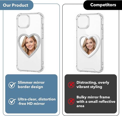 Amabro 6Pcs Mirror Decal for Phone Case, Rectangle and Heart Shaped Rhinestone Stickers with Protective Film, Self-Adhesive Makeup Mirrors for Cellphone Back, Slim Travel Accessory in Kuwait