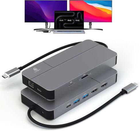 MacBook Docking Station Dual Monitor, Laptop Docking Stations for MacBook pro/Air HP Dell Lenovo Computer, 10 in 1 USB C Dock with Dual Hdmi 4K@60Hz Splitter Extended Display, USB 3.2 Hub in Kuwait