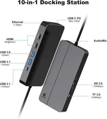 MacBook Docking Station Dual Monitor, Laptop Docking Stations for MacBook pro/Air HP Dell Lenovo Computer, 10 in 1 USB C Dock with Dual Hdmi 4K@60Hz Splitter Extended Display, USB 3.2 Hub in Kuwait