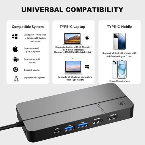 MacBook Docking Station Dual Monitor, Laptop Docking Stations for MacBook pro/Air HP Dell Lenovo Computer, 10 in 1 USB C Dock with Dual Hdmi 4K@60Hz Splitter Extended Display, USB 3.2 Hub in Kuwait