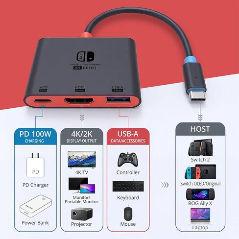Switch 2 Dock for TV, Aluminum Alloy Shell HDMI 2.0 4K@60Hz HDR Docking Station for Nintendo Switch 2/OLED/Steam Deck/ROG Ally, USB C to HDMI Adapter with 100W PD 3.0 Fast Charging & USB3.0 in Kuwait
