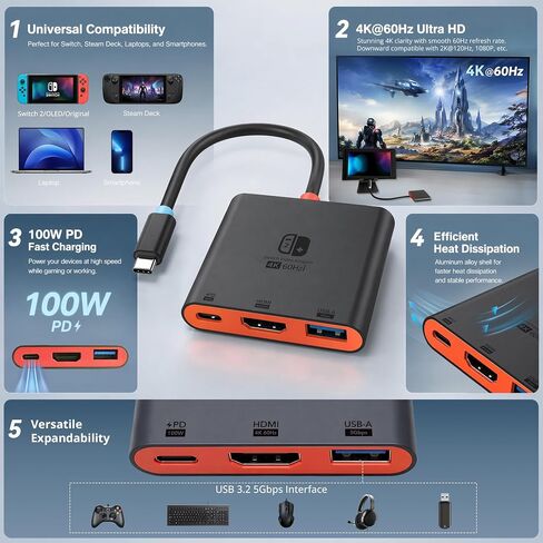 Switch 2 Dock for TV, Aluminum Alloy Shell HDMI 2.0 4K@60Hz HDR Docking Station for Nintendo Switch 2/OLED/Steam Deck/ROG Ally, USB C to HDMI Adapter with 100W PD 3.0 Fast Charging & USB3.0 in Kuwait