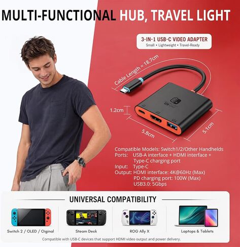 Switch 2 Dock for TV, Aluminum Alloy Shell HDMI 2.0 4K@60Hz HDR Docking Station for Nintendo Switch 2/OLED/Steam Deck/ROG Ally, USB C to HDMI Adapter with 100W PD 3.0 Fast Charging & USB3.0 in Kuwait