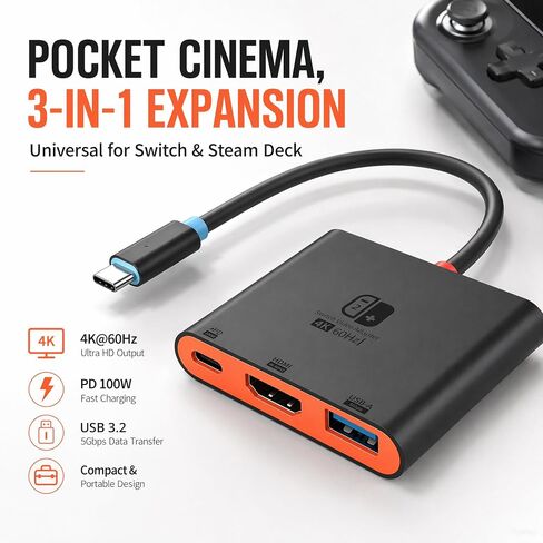 Switch 2 Dock for TV, Aluminum Alloy Shell HDMI 2.0 4K@60Hz HDR Docking Station for Nintendo Switch 2/OLED/Steam Deck/ROG Ally, USB C to HDMI Adapter with 100W PD 3.0 Fast Charging & USB3.0 in Kuwait