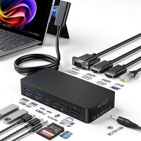 قاعدة تركيب Surface، شاشة ثلاثية مزدوجة 4K HDMI وVGA 12 في 1 Surface Dock لأجهزة Surface Pro 11/10/9/8/7/6/5/4/3، Surface Laptop 7/6/5/4، Surface Book/Laptop Go in Kuwait
