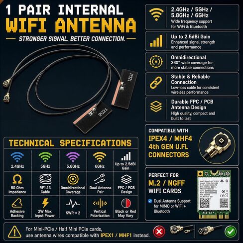 WiFi Antenna for PC Desktop Laptop Motherboard | 1-Pair 10cm (4in) | Internal Antenna Cables Compatible with MHF4, IPEX4 & 4th Gen U.FL | for M.2 NGFF WiFi Cards AX200 AX210 BE200 in Kuwait