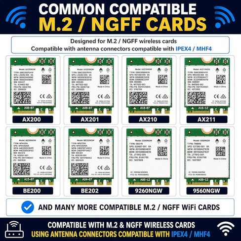 WiFi Antenna for PC, Laptop, Desktop & Motherboard | 2.4GHz/5GHz/6GHz | 4th Generation U.FL (Compatible with MHF4 and IPEX4) Connectors on M2 Wi-Fi Cards | 2-Pack 40cm (16in) in Kuwait