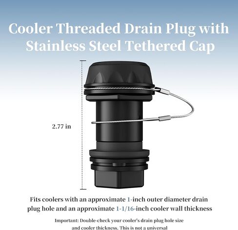 Black Cooler Drain Plug Replacement with Stainless Steel Tether, Leak-Proof Drain Plug Compatible with Igloo BMX, IMX & Overland Coolers 25–72 Qt, Easy Install Cooler Replacement Part in Kuwait