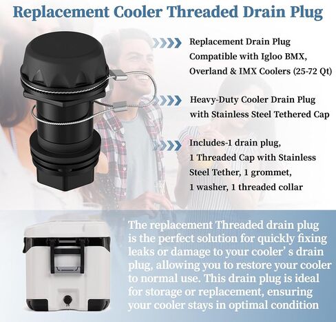 Black Cooler Drain Plug Replacement with Stainless Steel Tether, Leak-Proof Drain Plug Compatible with Igloo BMX, IMX & Overland Coolers 25–72 Qt, Easy Install Cooler Replacement Part in Kuwait