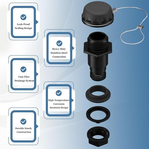 Black Cooler Drain Plug Replacement with Stainless Steel Tether, Leak-Proof Drain Plug Compatible with Igloo BMX, IMX & Overland Coolers 25–72 Qt, Easy Install Cooler Replacement Part in Kuwait