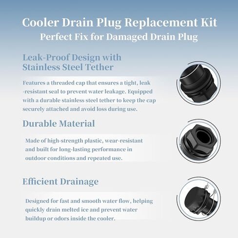 Black Cooler Drain Plug Replacement with Stainless Steel Tether, Leak-Proof Drain Plug Compatible with Igloo BMX, IMX & Overland Coolers 25–72 Qt, Easy Install Cooler Replacement Part in Kuwait