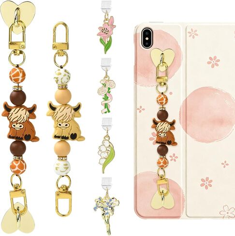 2Pcs Silicone Beaded Grip Chain for E-Reader with 4Pcs USB C Dust Plug Charm Type C Phone Charms Hand Strap Chain in Kuwait