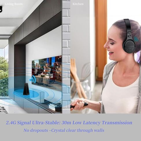 Wireless TV Headphones for Seniors with Large Buttons, 15H Playtime & 0 Delay, 2.4GHz RF Transmitter Charging Dock, Bluetooth Over-Ear Headset, Fits Most TVs, Digital Optical(TOSLINK)/RCA/3.5mm Output in Kuwait