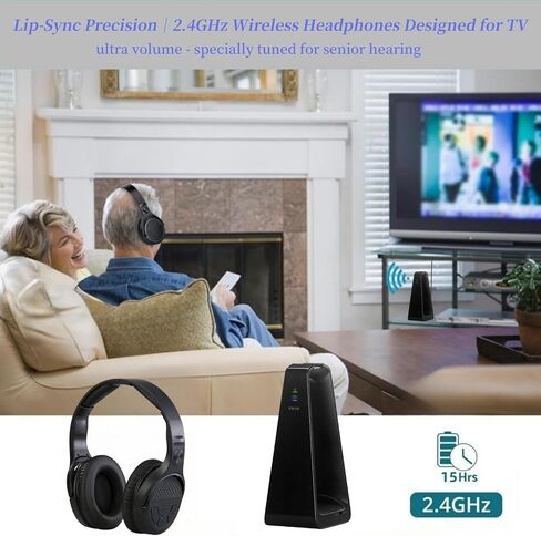 Wireless TV Headphones for Seniors with Large Buttons, 15H Playtime & 0 Delay, 2.4GHz RF Transmitter Charging Dock, Bluetooth Over-Ear Headset, Fits Most TVs, Digital Optical(TOSLINK)/RCA/3.5mm Output in Kuwait