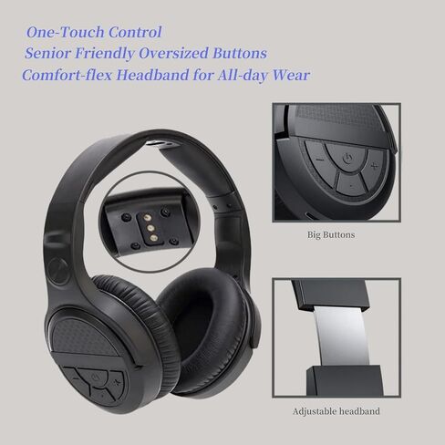 Wireless TV Headphones for Seniors with Large Buttons, 15H Playtime & 0 Delay, 2.4GHz RF Transmitter Charging Dock, Bluetooth Over-Ear Headset, Fits Most TVs, Digital Optical(TOSLINK)/RCA/3.5mm Output in Kuwait