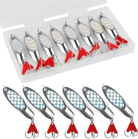 Fishing Spoons Lures, 8pcs Metal Casting Jigging Spoons Silver Trolling Pike Spoon Trout Lures with Treble Hooks for Bass Trout Salmon Pike Walleye Fishing in Kuwait