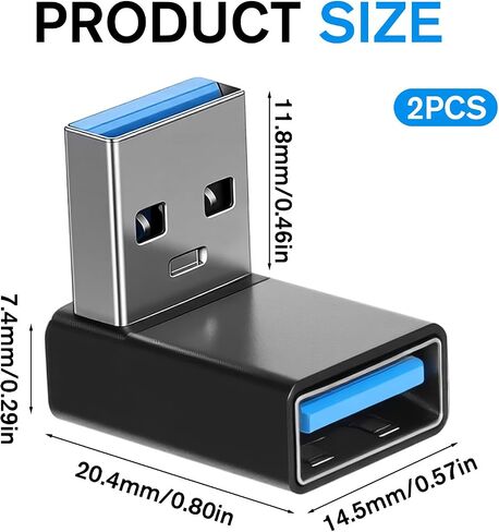 2 Pack USB3.1 Type A Male to USB-A Female Adapter, Angle USB A Male to Female Converters, Up and Down Angle 90 Degree Fast Charging Converter OTG for PC, Laptop, Power Bank and More in Kuwait