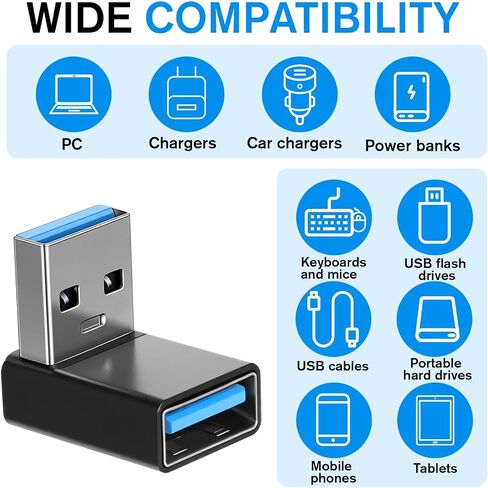 2 Pack USB3.1 Type A Male to USB-A Female Adapter, Angle USB A Male to Female Converters, Up and Down Angle 90 Degree Fast Charging Converter OTG for PC, Laptop, Power Bank and More in Kuwait