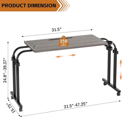 Furist Overbed Table with Wheels, Adjustable Height and Length Over Bed Desk, Hospital Heavy Duty Metal Leg Laptop Stand for Adults,Gray in Kuwait