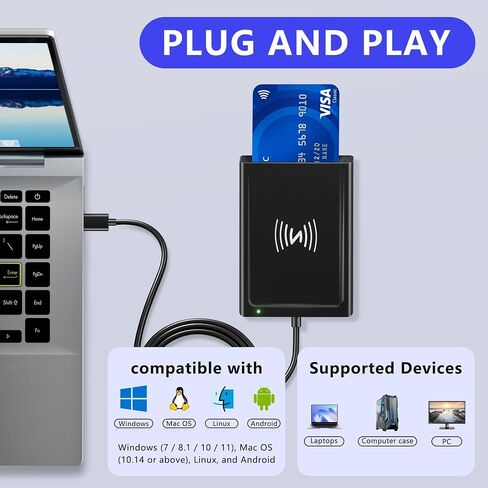Smart Card Reader, CAC Reader Military 2-in-1 with NFC Reader – Contactless Tap-to-Read for IC/ID/PIV/Bank/Credit Cards, USB-A Devices CAC Reader Compatible with Mac Windows Android Linux in Kuwait