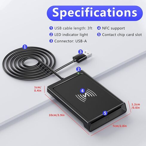 Smart Card Reader, CAC Reader Military 2-in-1 with NFC Reader – Contactless Tap-to-Read for IC/ID/PIV/Bank/Credit Cards, USB-A Devices CAC Reader Compatible with Mac Windows Android Linux in Kuwait
